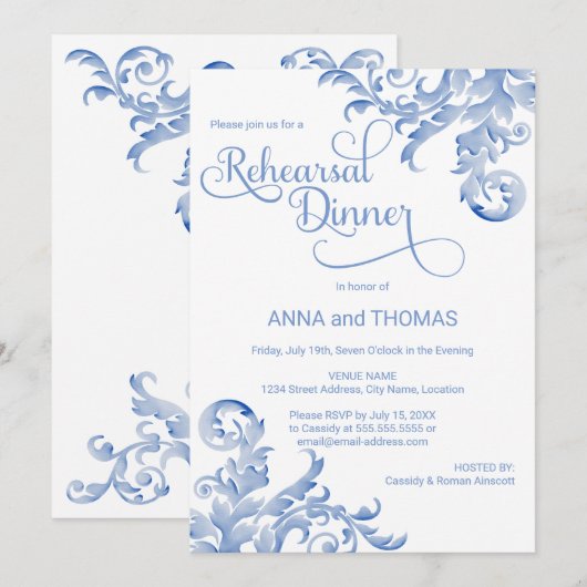 Royal Blue Waterverf Flourish Rehearsal Dinner Kaart (Voorkant / Achterkant)