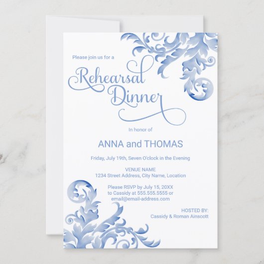 Royal Blue Waterverf Flourish Rehearsal Dinner Kaart (Voorkant)