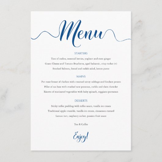 Royal Blue Wedding Menu Kaart 5x7 (Voorkant)