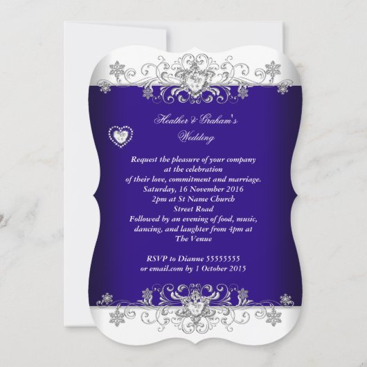 Royal Blue Wedding Silver Diamond Hearts b Kaart (Achterkant)