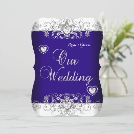 Royal Blue Wedding Silver Diamond Hearts b Kaart (Staand voorkant)