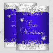 Royal blue Wedding Silver Diamond Hearts Kaart (Voorkant / Achterkant)
