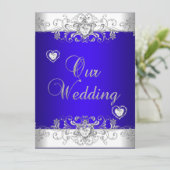 Royal blue Wedding Silver White Diamond Hearts Kaart (Staand voorkant)