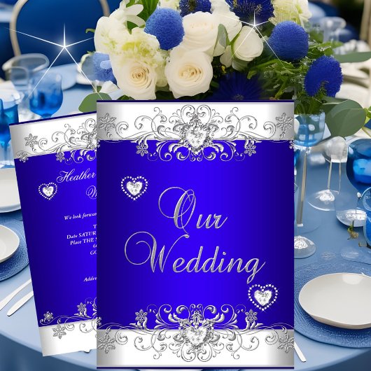 Royal blue Wedding Silver White Diamond Hearts Kaart