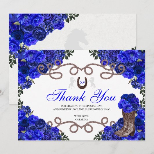 Royal Blue Western Charra Quinceanera Hartelijk da Bedankkaart (Voorkant / Achterkant)