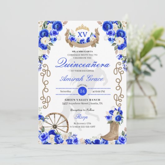 Royal Blue Western Cowgirl Quinceañera Uitnodiging (Staand voorkant)