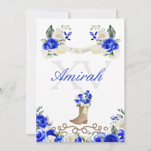 Royal Blue Western Cowgirl Quinceañera Uitnodiging (Achterkant)