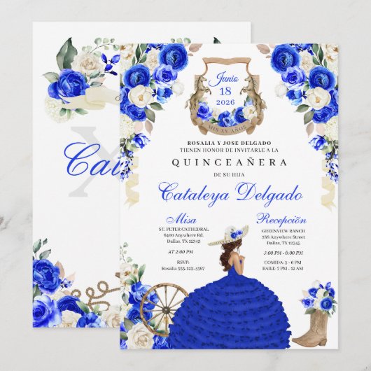 Royal Blue Western Fiesta Charro Quinceañera Kaart (Voorkant / Achterkant)
