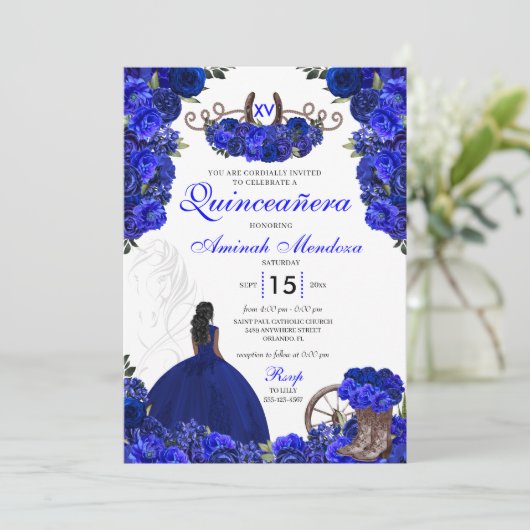 Royal Blue Western Princess Charro Quinceanera Kaart (Staand voorkant)