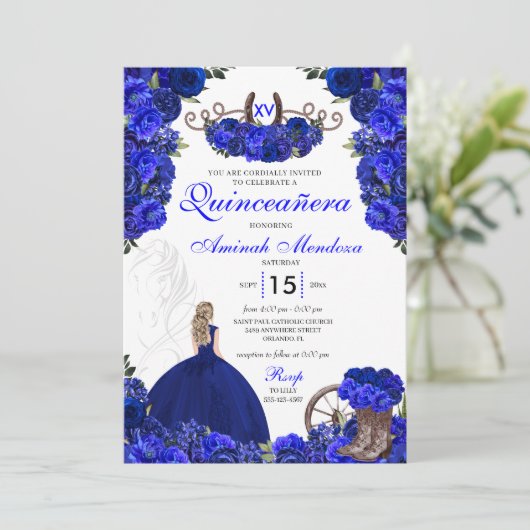 Royal Blue Western Princess Charro Quinceanera Kaart (Staand voorkant)
