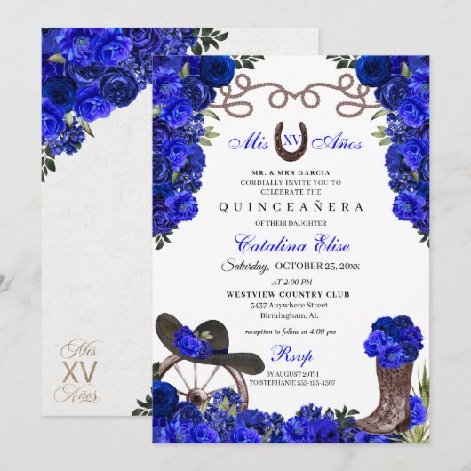 Royal Blue Western Ranchero Quinceanera Kaart (Voorkant / Achterkant)