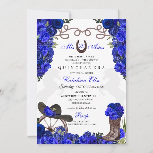 Royal Blue Western Ranchero Quinceanera Kaart (Voorkant)