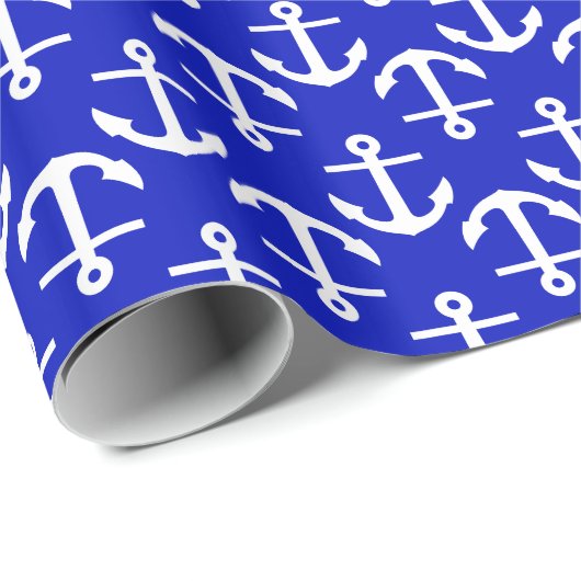 Royal Blue White Anchors 2Dir Pattern Cadeaupapier (Rol Hoek)