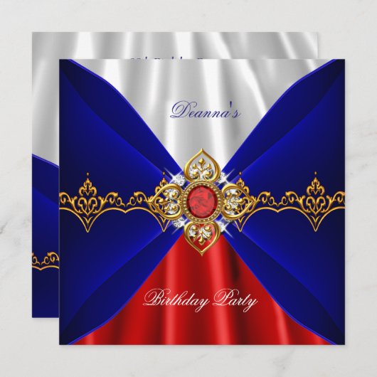 Royal Blue White Birthday Gold Jewel Silk Kaart (Voorkant / Achterkant)