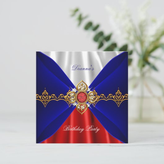 Royal Blue White Birthday Gold Jewel Silk Kaart (Staand voorkant)
