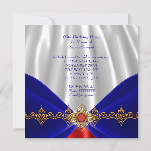 Royal Blue White Birthday Gold Jewel Silk Kaart (Achterkant)
