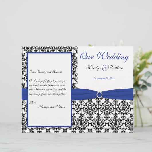 Royal Blue, White, Black Damask Wedding Programme (Staand voorkant)