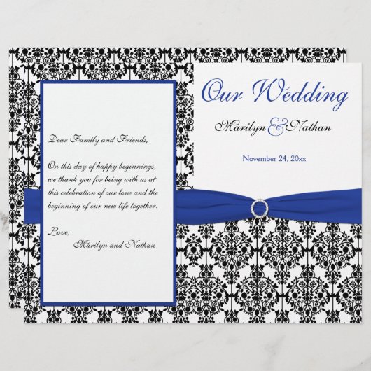 Royal Blue, White, Black Damask Wedding Programme (Voorkant / Achterkant)
