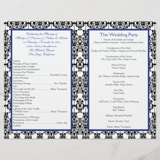 Royal Blue, White, Black Damask Wedding Programme (Achterkant)