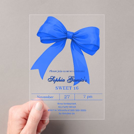 Royal blue white bow SWEET 16 clear Acryl Uitnodigingen (Insitu (Draagbaar))
