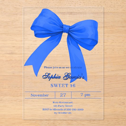 Royal blue white bow SWEET 16 clear Acryl Uitnodigingen (Voorkant)