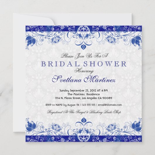 Royal Blue & White Damask Bridal Shower Uitnodigin Kaart (Voorkant)