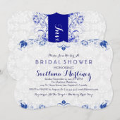 Royal Blue & White Damask Vrijgezellenfeest Invite Kaart (Voorkant / Achterkant)