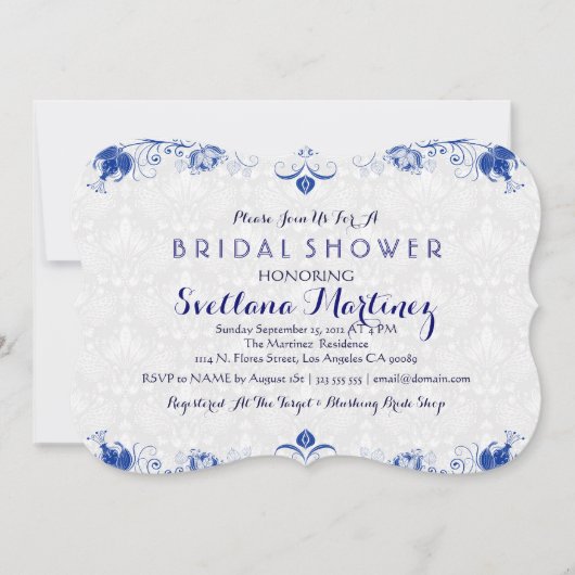 Royal Blue & White Damask Vrijgezellenfeest Invite Kaart (Voorkant)