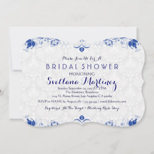 Royal Blue & White Damask Vrijgezellenfeest Invite Kaart