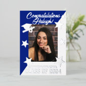 Royal Blue & White Diagonal Afstuderen Silver Folie Uitnodiging (Staand Voorkant)