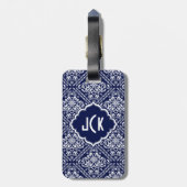 Royal Blue & White Floral Damask 7 Pattern Bagagelabel (Achterkant verticaal)