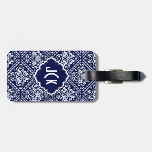 Royal Blue & White Floral Damask 7 Pattern Bagagelabel (Achterkant horizontaal)