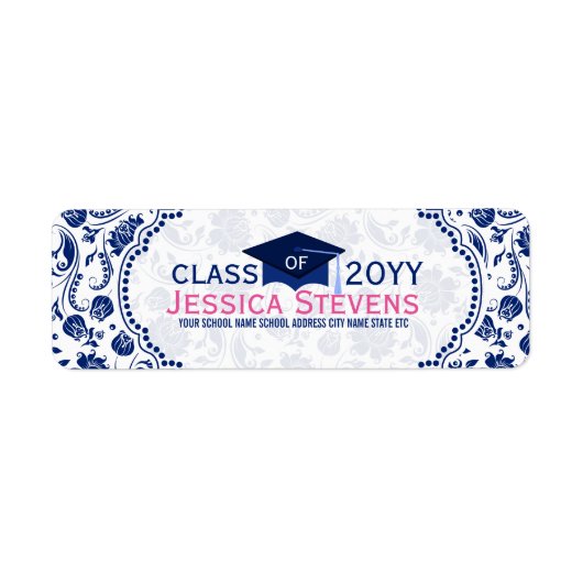 Royal Blue & White Floral Damkers & Blue Afstudeer Etiket (Voorkant)