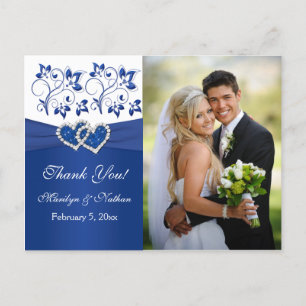 Royal Blue, White Floral Dank u fotokaart Briefkaart