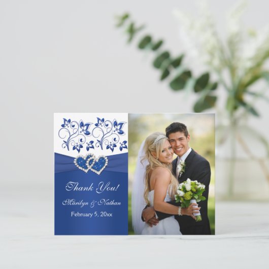 Royal Blue, White Floral Dank u fotokaart Briefkaart (Staand voorkant)