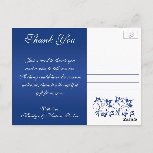 Royal Blue, White Floral Dank u fotokaart Briefkaart (Achterkant)