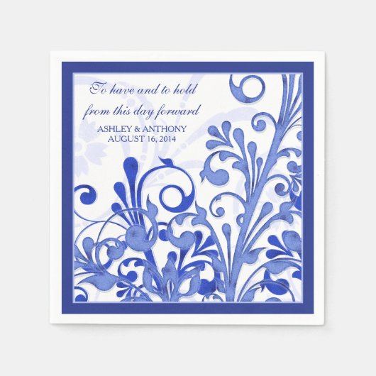 Royal Blue White Floral Gepersonaliseerde bruiloft Servetten (Voorkant)