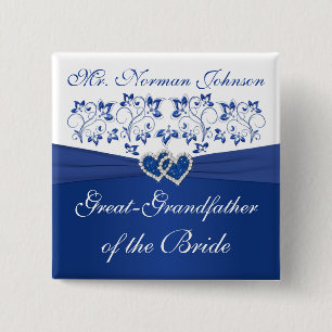 Royal Blue White Floral Grootvader van de bruid Vierkante Button 5,1 Cm