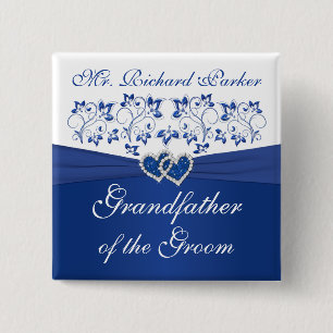 Royal Blue White Floral Grootvader van de bruidego Vierkante Button 5,1 Cm