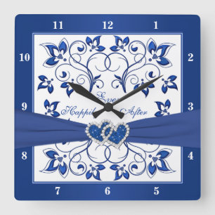 Royal Blue, White Floral Heart, gelukkig altijd na Vierkante Klok