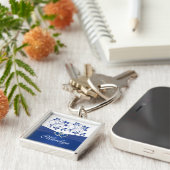 Royal Blue, White Floral Hearts Sleutelhanger met  (Zijkant)