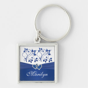 Royal Blue, White Floral Hearts Sleutelhanger met