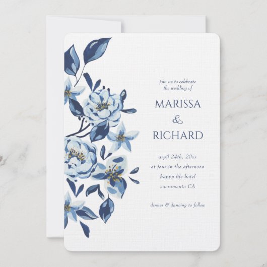 Royal Blue White Floral Monogram Wedding Kaart (Voorkant)