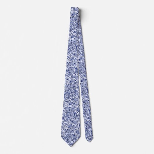 Royal Blue & White Floral Paisley Pattern Stropdas (Voorkant)