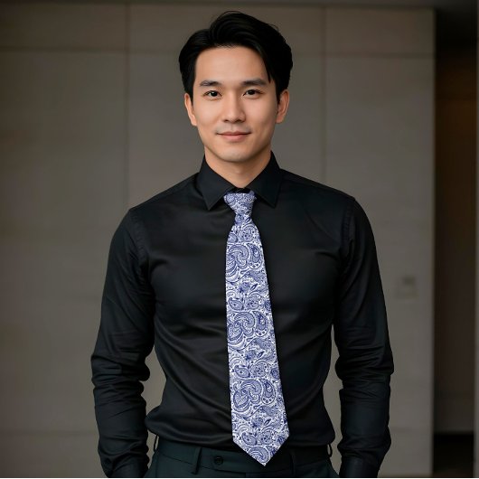 Royal Blue & White Floral Paisley Pattern Stropdas