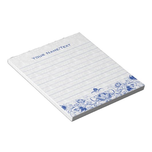 Royal Blue & White  Floral Swirls & Damascus Notitieblok (Schuin)