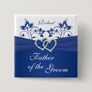 Royal Blue, White Floral Vader van de Groom Pin Vierkante Button 5,1 Cm