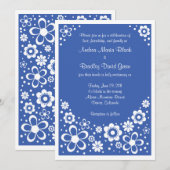 Royal Blue White Floral Wedding Invitation Kaart (Voorkant / Achterkant)