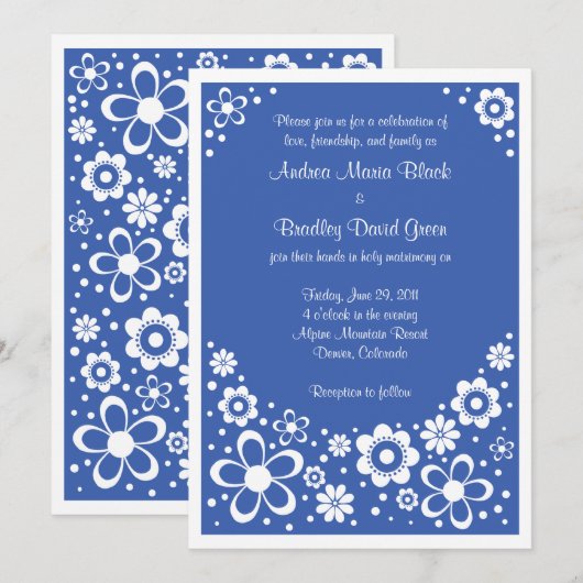 Royal Blue White Floral Wedding Invitation Kaart (Voorkant / Achterkant)