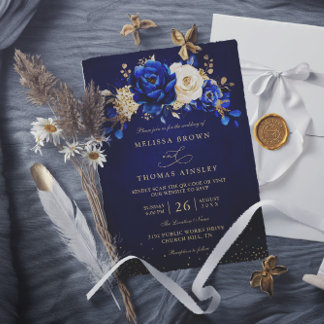 Royal Blue White Gold Chic Floral QR Code Wedding Kaart